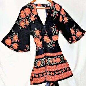 MARCONA Dark Blue with Orange Flowers and Accents Romper, Small